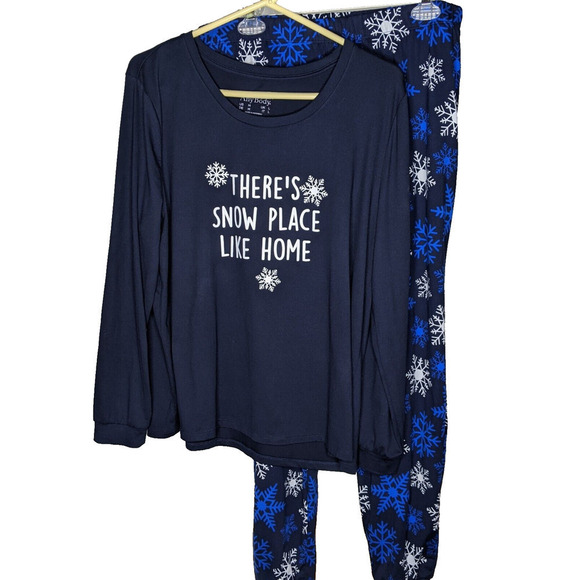 AnyBody Womens Med Pajamas Snowflake Set Soft Stretchy Navy Blue White - Picture 1 of 4